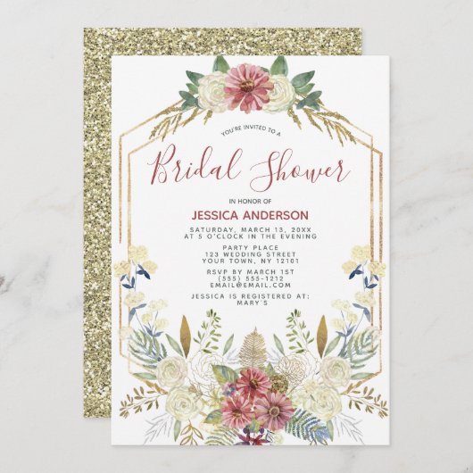 Geometrisches Brautparty für den Glitzer von Flora Einladung (Vorne/Hinten)