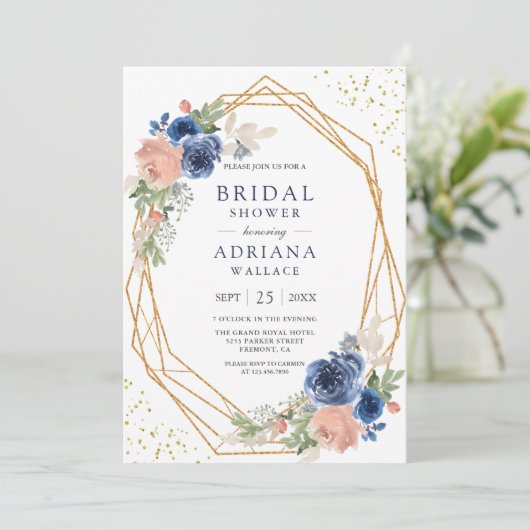 Geometrisches Brautparty für Navy Blue Blush Pink Einladung (Stehend Vorderseite)