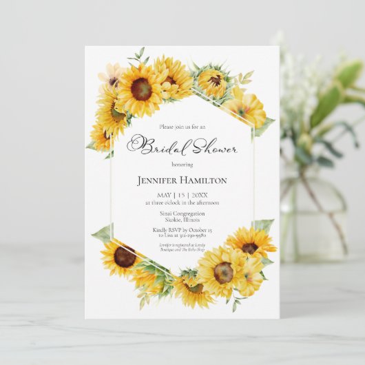 Geometrisches Brautparty für Sonnenblumen Einladung (Stehend Vorderseite)