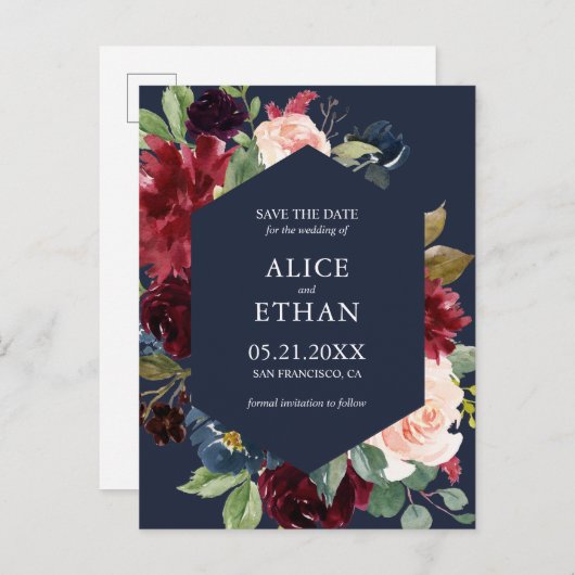 Geometrisches Burgund und Marineblau Ankündigungspostkarte (Vorne/Hinten)