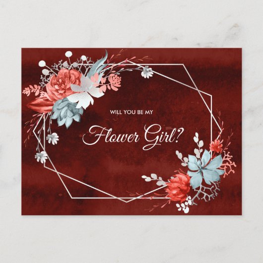 Geometrisches Burgundy Silver Floral Be my Flower Postkarte (Vorderseite)