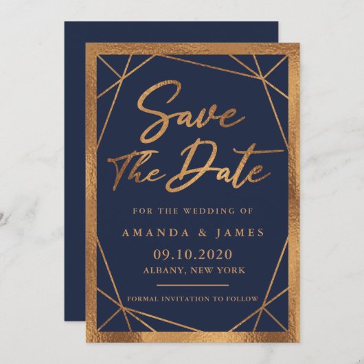 Geometrisches Cooper Gold und Marineblau Einladung (Vorne/Hinten)