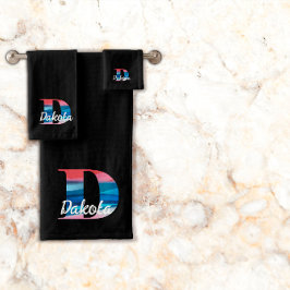 Geometrisches D-Korallenrosa-Monogramm Schwarz-wei Badhandtuch Set