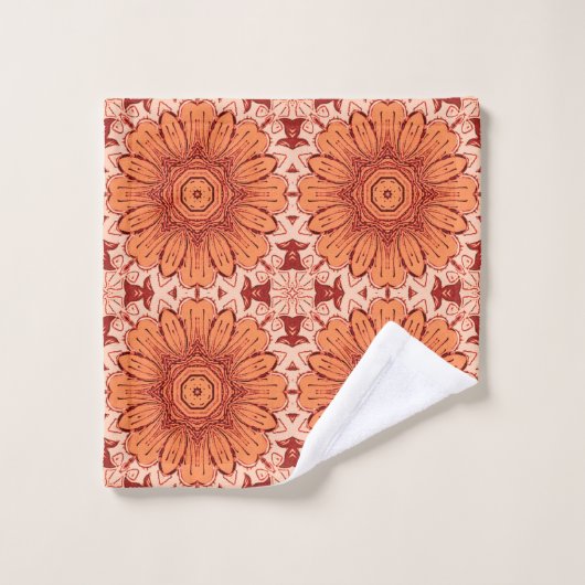 Geometrisches Daisy Muster in Mandarin Orange Badhandtuch Set (Waschlappen)