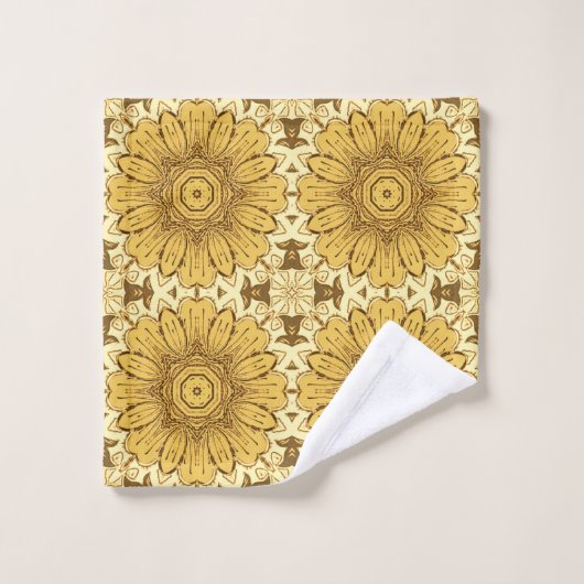 Geometrisches Daisy Muster in Mustard Gold Badhandtuch Set (Waschlappen)