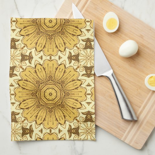 Geometrisches Daisy Muster in Mustard Gold Kitchen Geschirrtuch (Viertel Falte)