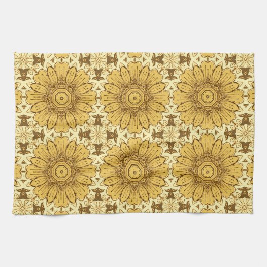 Geometrisches Daisy Muster in Mustard Gold Kitchen Geschirrtuch (Horizontal)