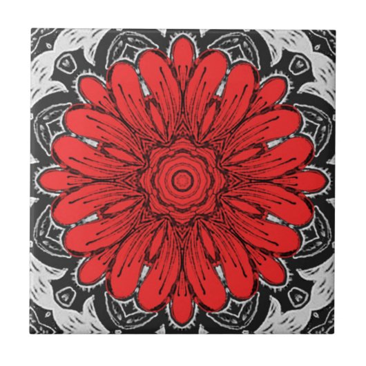 Geometrisches Daisy-Muster in Rot und Weiß Fliese (Vorderseite)