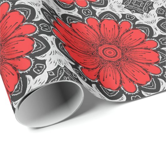 Geometrisches Daisy-Muster in Rot und Weiß Geschenkpapier (Rolleneckpunkt)
