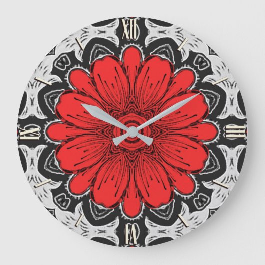 Geometrisches Daisy-Muster in Rot und Weiß Große Wanduhr (Vorderseite)