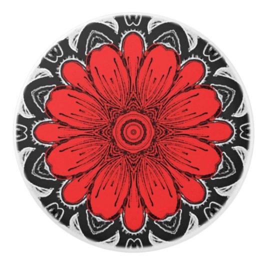 Geometrisches Daisy-Muster in Rot und Weiß Keramikknauf (Vorderseite)