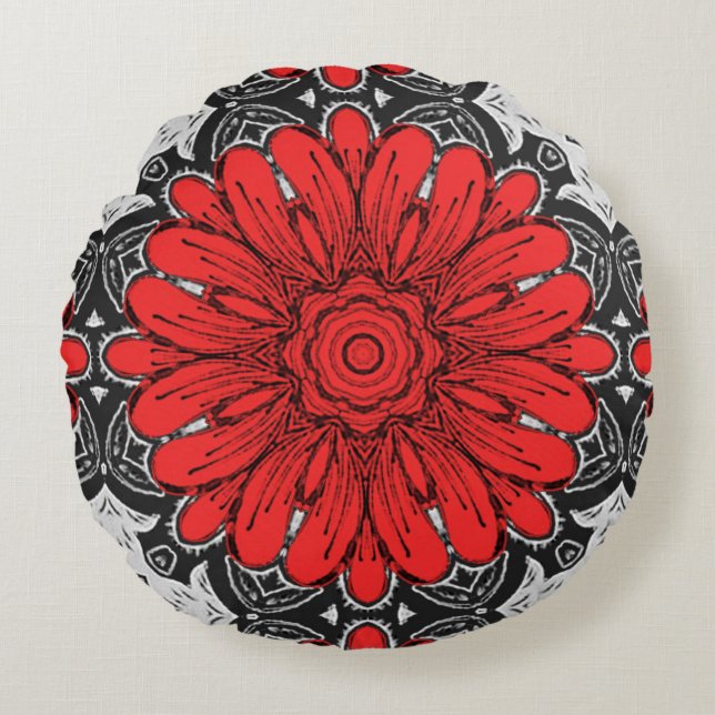 Geometrisches Daisy-Muster in Rot und Weiß Rundes Kissen (Vorderseite)