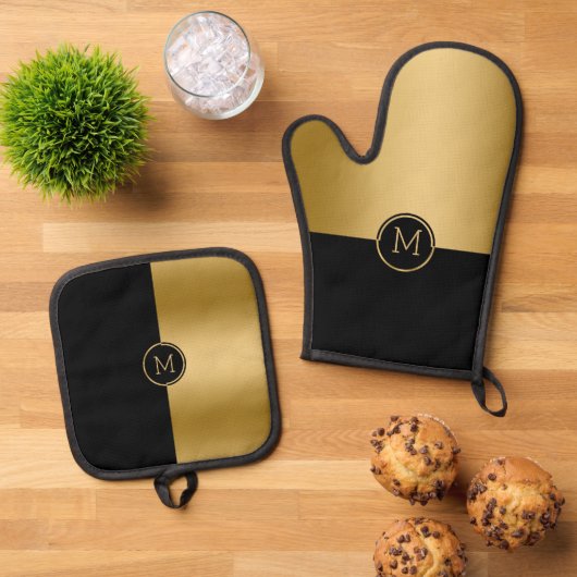 Geometrisches Design aus Schwarz und Gold, gespalt Ofenhandschuh & Topflappen-Set (Oben Unten)