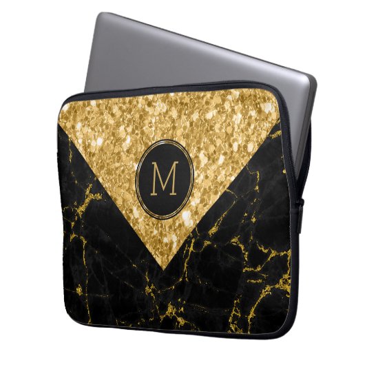 Geometrisches Design aus schwarzem Marmor und Glit Laptopschutzhülle (Vorderseite Links)