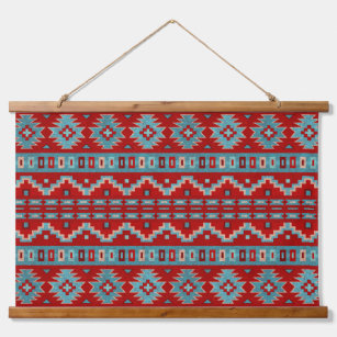 Geometrisches Design der Südwest Mesas Red & Turqu Wandteppich Mit Holzrahmen