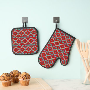 Geometrisches Design der Südwestmesas Rot und Türk Ofenhandschuh & Topflappen-Set