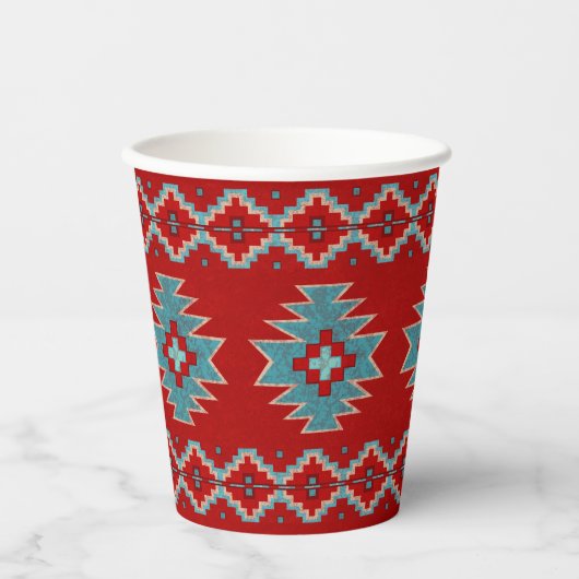 Geometrisches Design der Südwestmesas Rot und Türk Pappbecher (Vorderseite)
