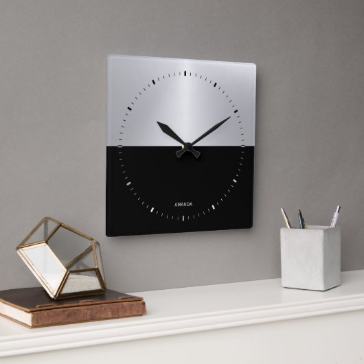 Geometrisches Design für Schwarz und Silber Quadratische Wanduhr (Büro)