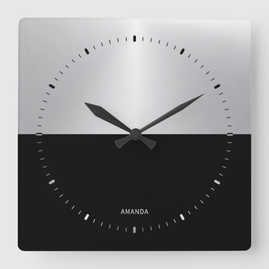 Geometrisches Design für Schwarz und Silber Quadratische Wanduhr (Vorderseite)