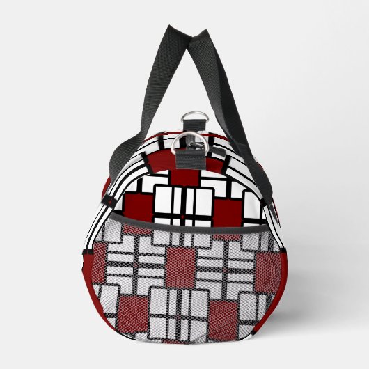 Geometrisches Design in tiefrot, weiß und schwarz Duffle Bag (Rechts)