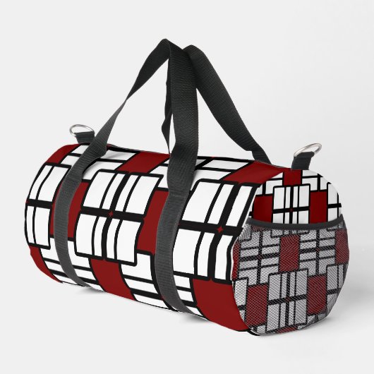 Geometrisches Design in tiefrot, weiß und schwarz Duffle Bag (Rechte Ecke)