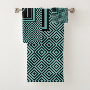 Geometrisches Diamant-Muster-Schwarz-aquamarines Badhandtuch Set