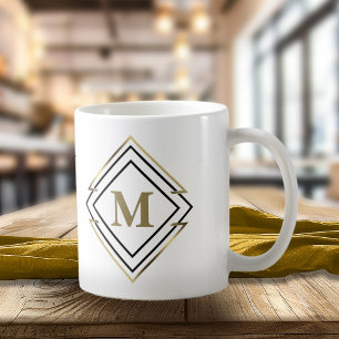 Geometrisches Diamantrahmenmonogramm Schwarz/Gold- Kaffeetasse