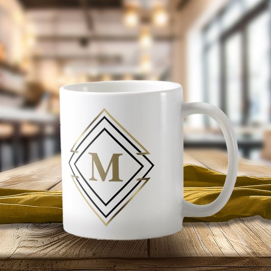Geometrisches Diamantrahmenmonogramm Schwarz/Gold- Kaffeetasse