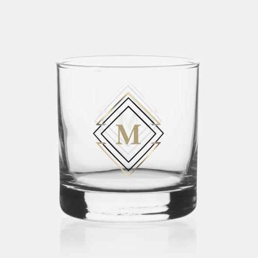 Geometrisches Diamantrahmenmonogramm Schwarz/Gold- Whiskyglas (Vorderseite)