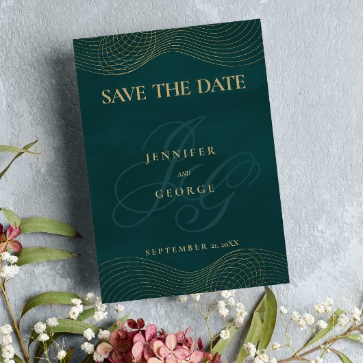 Geometrisches dunkelgrünes Goldmonogramm Save the  Date