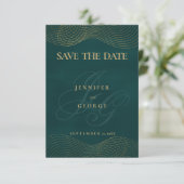 Geometrisches dunkelgrünes Goldmonogramm Save the Save The Date (Stehend Vorderseite)