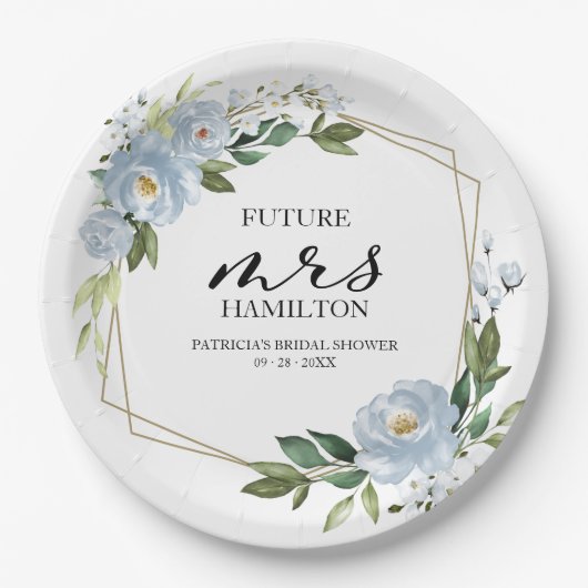 Geometrisches Dusty Blue Floral Brautparty Pappteller (Vorderseite)