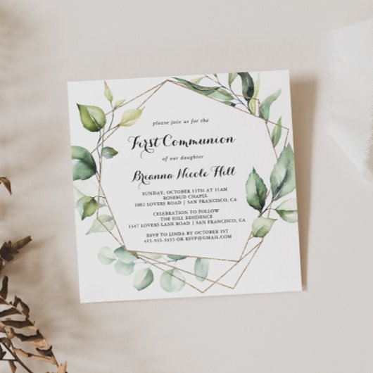 Geometrisches Elegant Gold Grüne erste Kommunion Einladung
