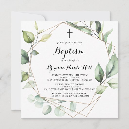 Geometrisches Elegant Gold Grüne Taufe Einladung (Vorderseite)