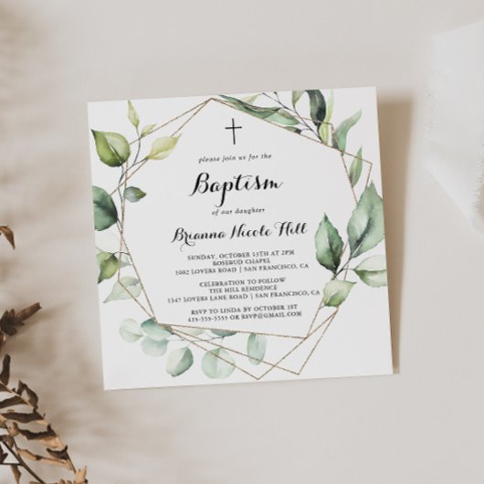 Geometrisches Elegant Gold Grüne Taufe Einladung