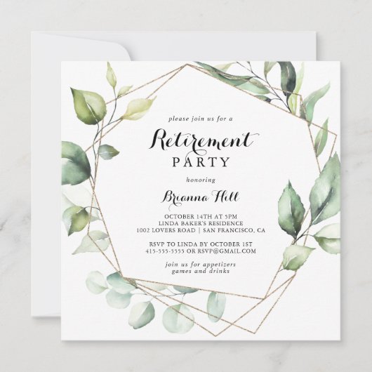 Geometrisches elegantes Gold Greenerity Retirement Einladung (Vorderseite)