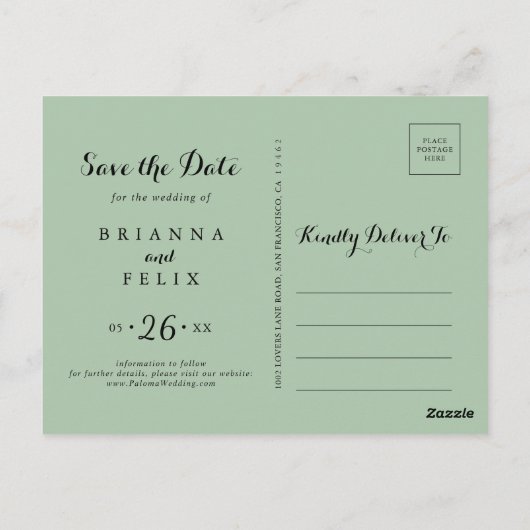 Geometrisches elegantes goldenes Grün Save the Dat Postkarte (Rückseite)