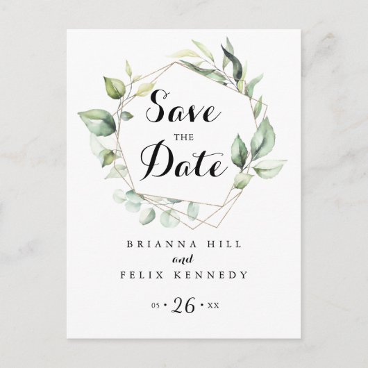 Geometrisches elegantes goldenes Grün Save the Dat Postkarte (Vorderseite)