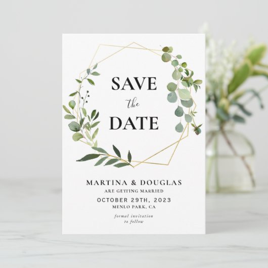 Geometrisches Eukalyptus Wedding Save the Date Car Einladung (Stehend Vorderseite)