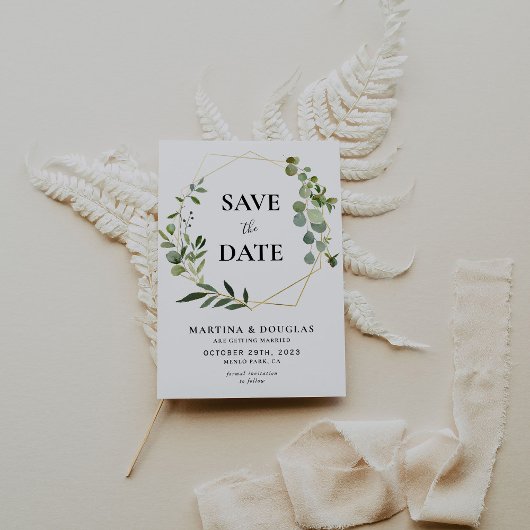 Geometrisches Eukalyptus Wedding Save the Date Car Einladung