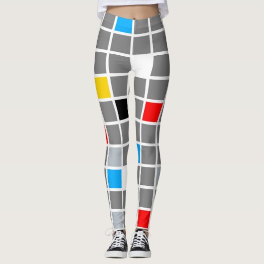 Geometrisches farbiges Quadrat-Muster Mondrian Leggings (Vorderseite)