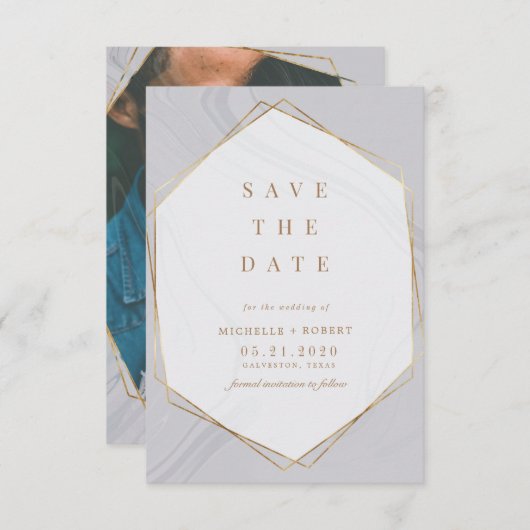 geometrisches Foto aus goldfarbenem Marmor Save th Einladung (Vorne/Hinten)
