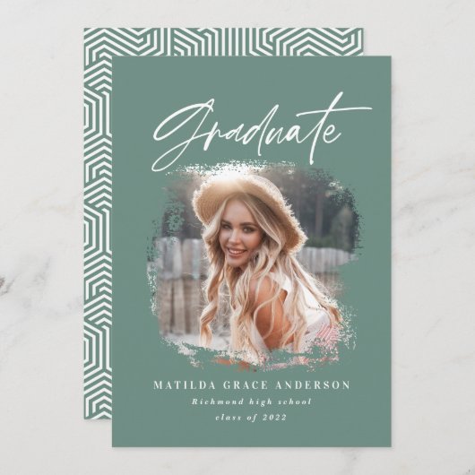 Geometrisches Foto - grün-Skript-Abschluss Ankündigung (Vorne/Hinten)