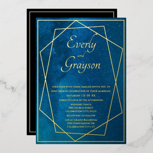 Geometrisches Frame Night Sky Blue & Gold Wedding Folieneinladung (Vorderseite/Rückseite)