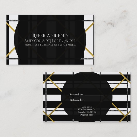 Geometrisches Glam für Schwarz und Gold Empfehlungskarte (Vorne/Hinten)