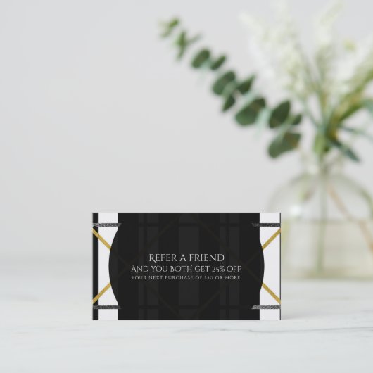 Geometrisches Glam für Schwarz und Gold Empfehlungskarte (Stehend Vorderseite)