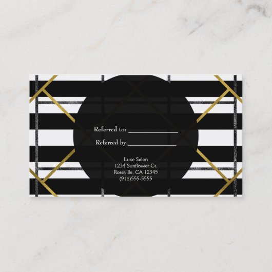 Geometrisches Glam für Schwarz und Gold Empfehlungskarte (Rückseite)