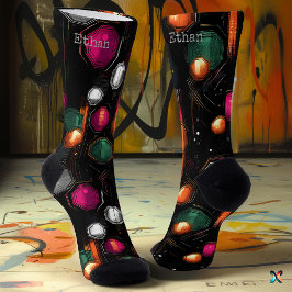 Geometrisches Glow in Emerald, Magenta in Black Socken