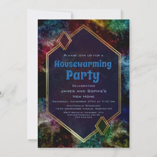 Geometrisches Gold Blue Glitzer Housewarming Party Einladung (Vorderseite)