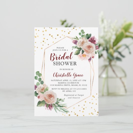 Geometrisches Gold Burgundy Boho Blume Brautparty Einladung (Stehend Vorderseite)